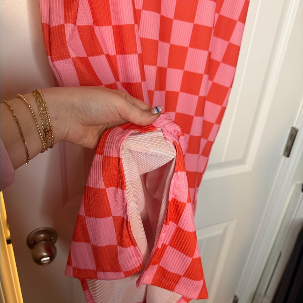 Orange and Pink Checkered T-Shirt Dress - Picture 3 of 4